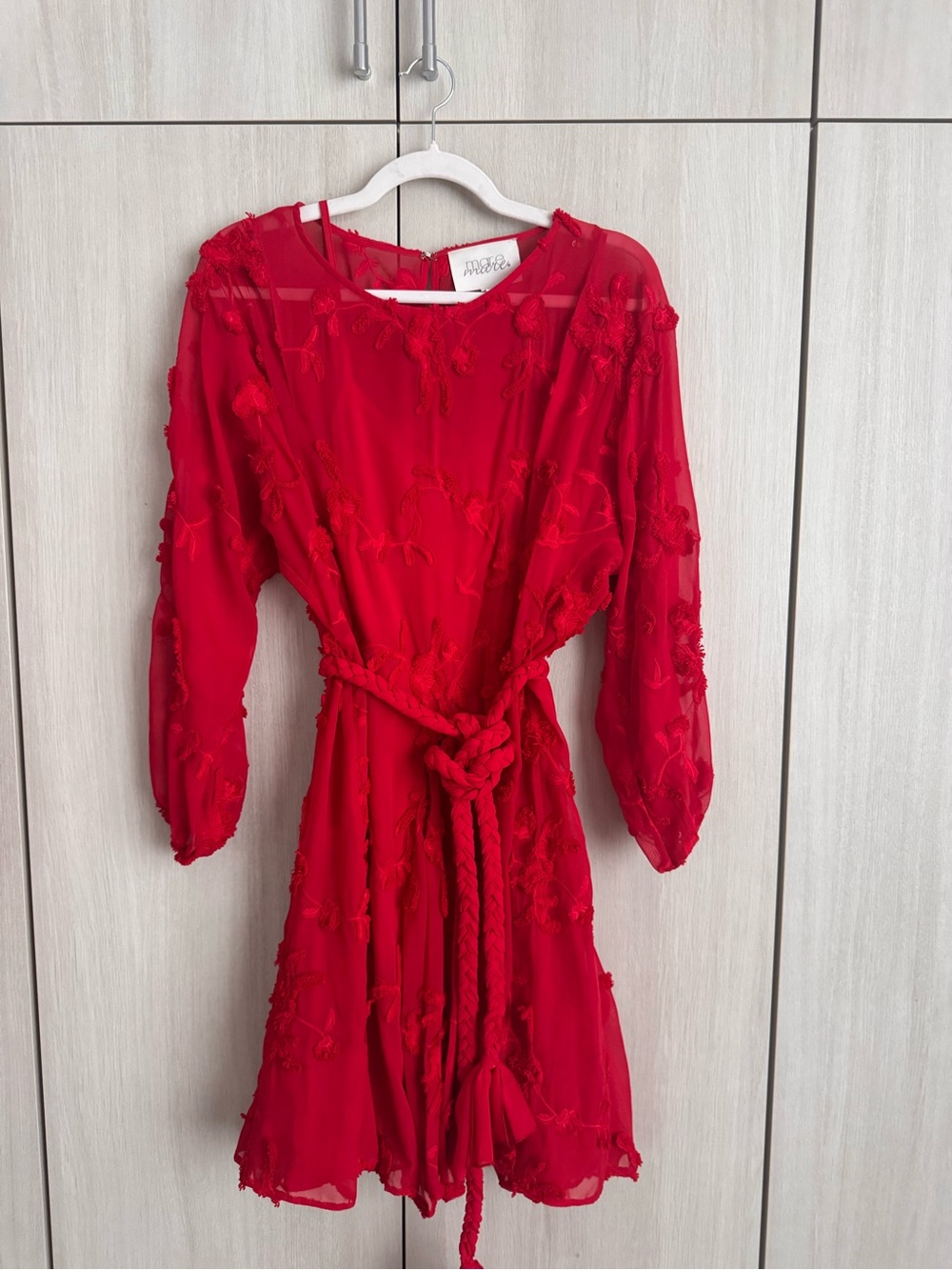 Mare Mare Anthropologie Red Long Sleeve Embroidered Tie-Waist Dress Sz S